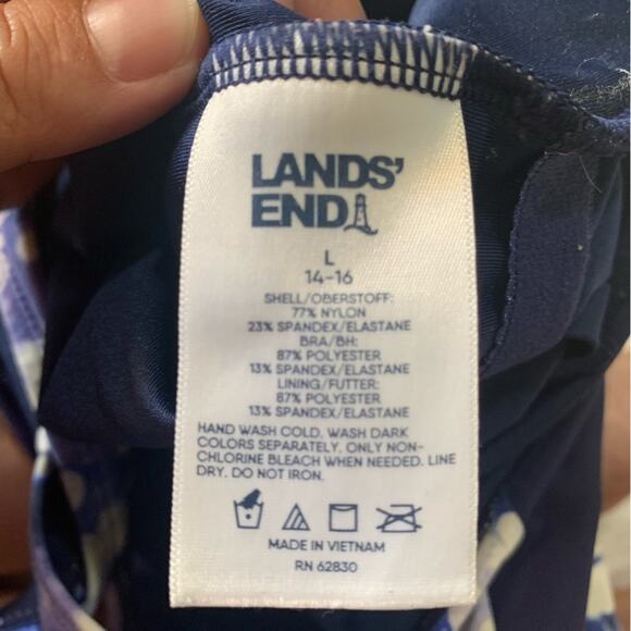 Lands' End size large 12 14 Purple blue White One Piece Swim bathing suit zipper - Picture 3 of 7